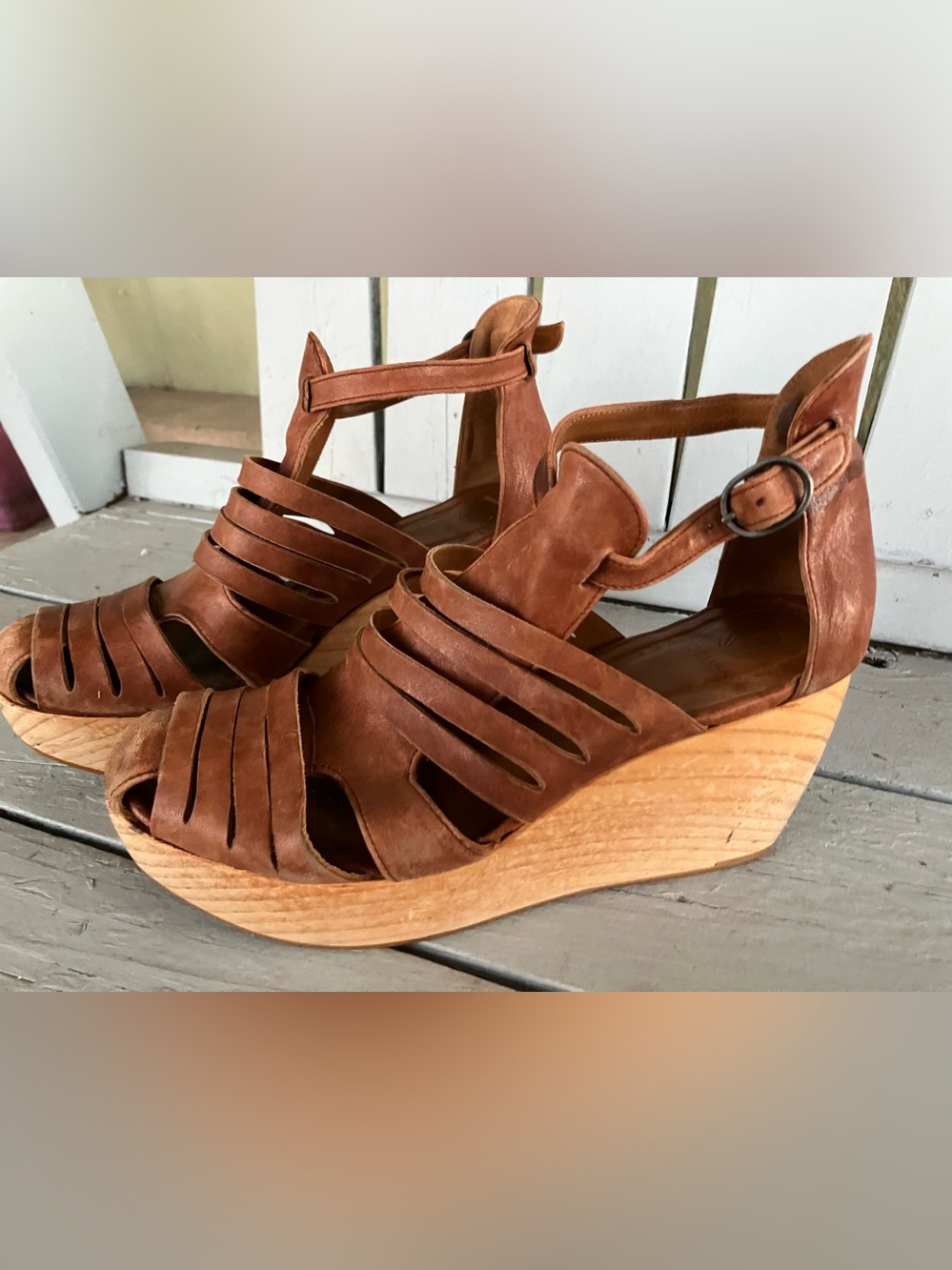 COCLICO Soft Brown Leather Strappy Wedge Sandals Wood Clog - Picture 15 of 15